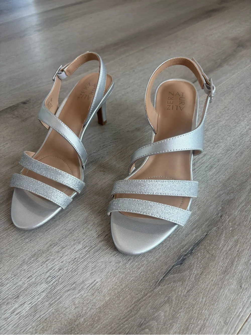 Naturalizer Silver Glitter Strappy Mid-Heel Sandals